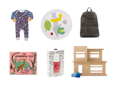 Clockwise from left: 'Monty' sleepsuit by The Bright Company; 'Cooked Breakfast' plate by Motherland x Jamie Julien Brown; 'Elwood' backpack by Tiba + Marl; 'The Wonderful Egg' by Dahlov Ipcar; 'Kitty' polish by Nailmatic Kids; 'Modern Dolls House' by Baines & Fricker